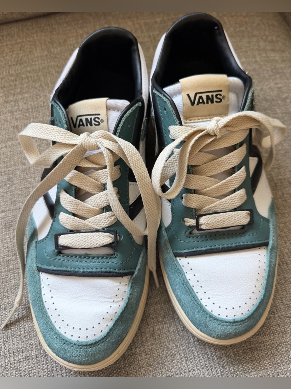 Vans  Teal and White Low-Top Sneakers with Cream Laces
